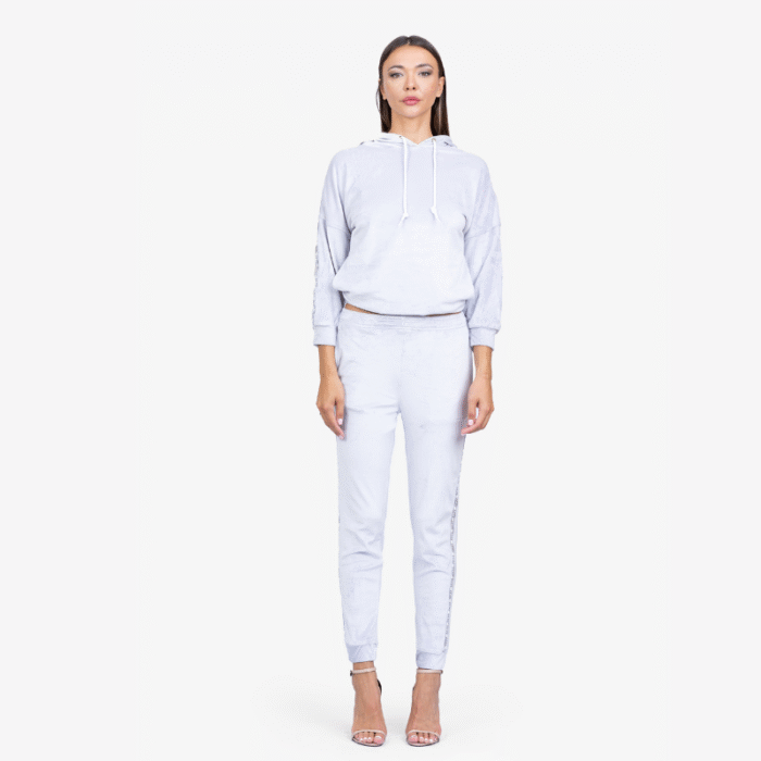 Light Gray Velvet Hoodie and Track Pants Set - Image 2