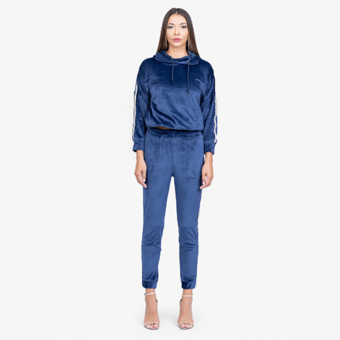 Dark Blue Velvet Hoodie and Track Pants Set - Image 2