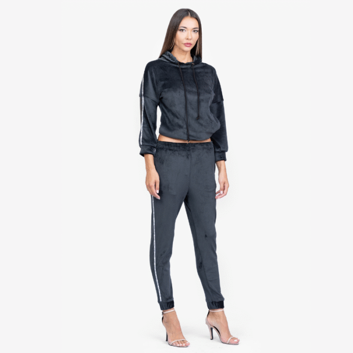 Black Velvet Hoodie and Track Pants Set - Image 2