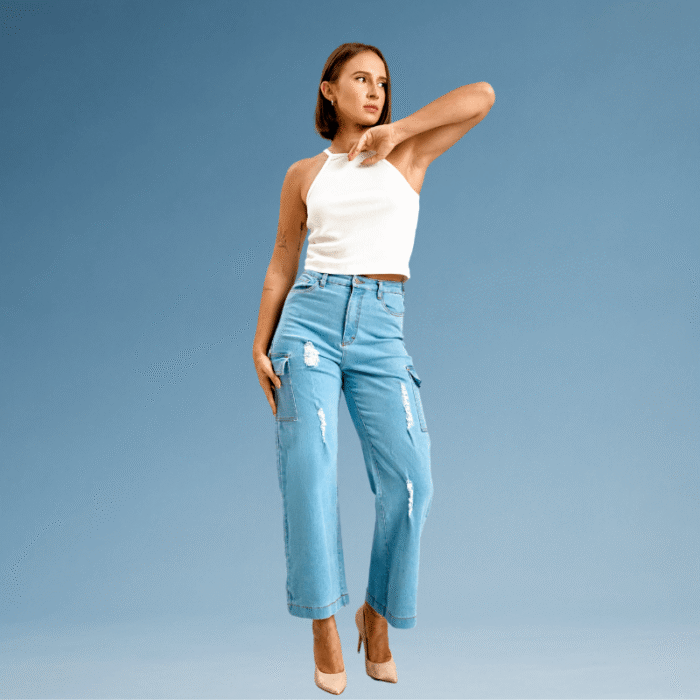 Light Blue Denim Cargo Pant - Image 2