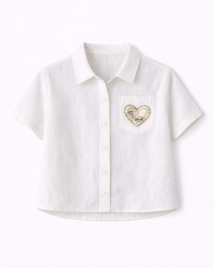 Off-White Crop Shirt with Sequin Heart - Image 5