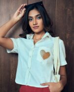 Off-White Crop Shirt with Sequin Heart