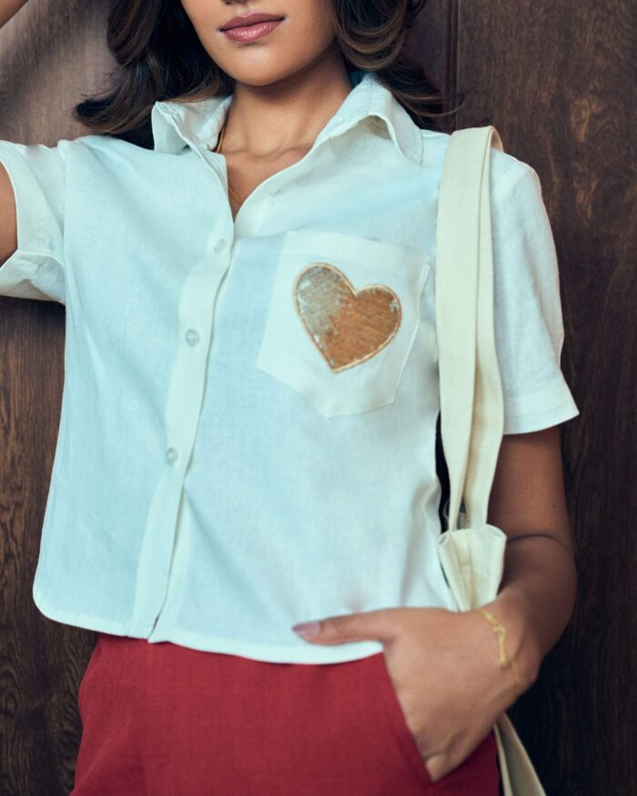 Off-White Crop Shirt with Sequin Heart - Image 4