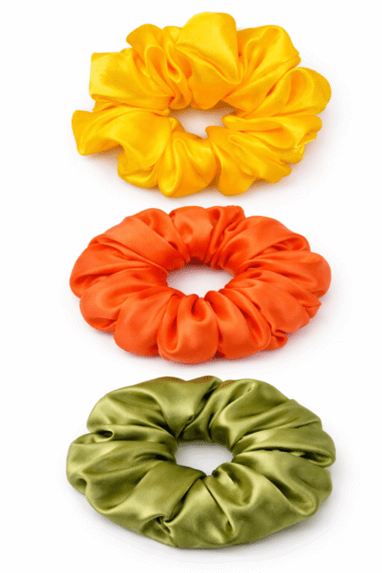 Satin Scrunchie Set – Sunshine Yellow, Mandarin Orange & Olive Green (3 Pack)