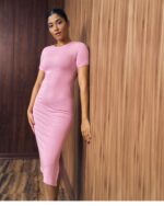 Blush Ribbed Side Slit Midi Dress - Image 2