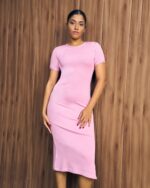 Blush Ribbed Side Slit Midi Dress