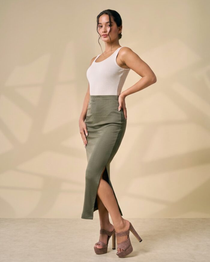Olive Rib Midi Skirt - Image 3